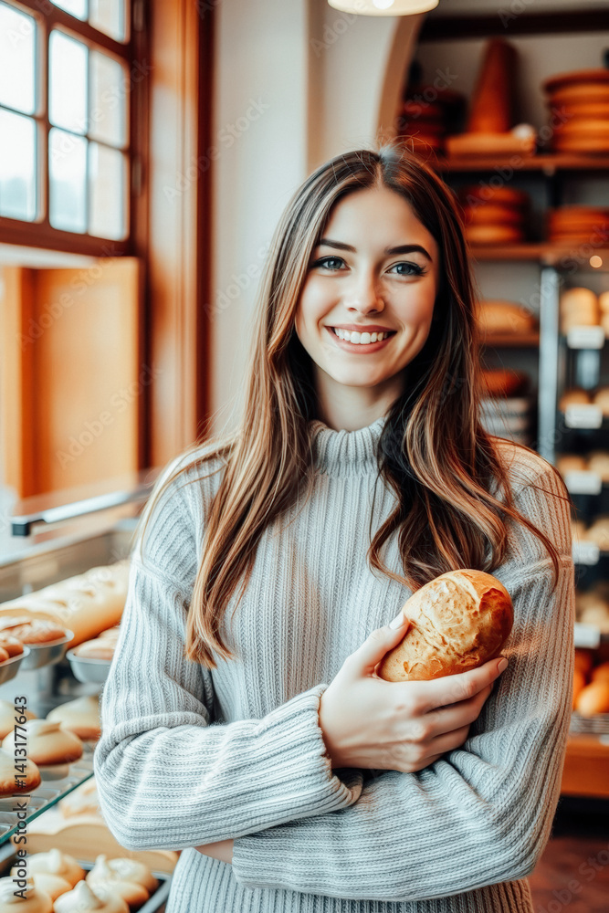 Young Woman Holding Fresh Baked Bread in Bakery