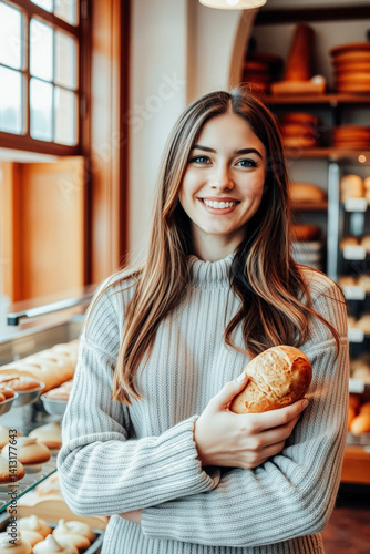 Obraz na płótnie Young Woman Holding Fresh Baked Bread in Bakery w salonie