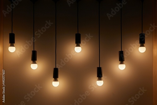Obraz na płótnie Lightbulbs hanging on wires, soft decoration lighting w salonie