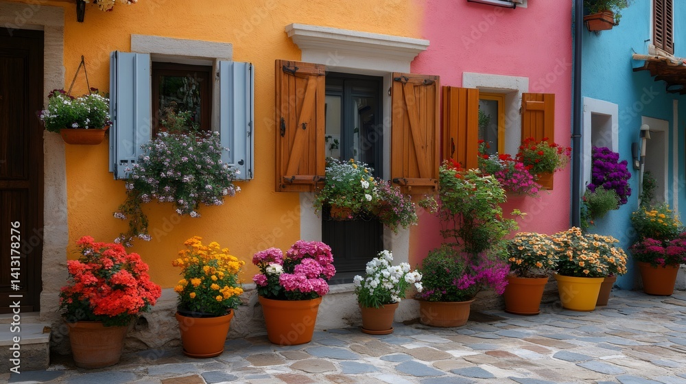 Colorful italian houses decorated with flower pots in burano, venice