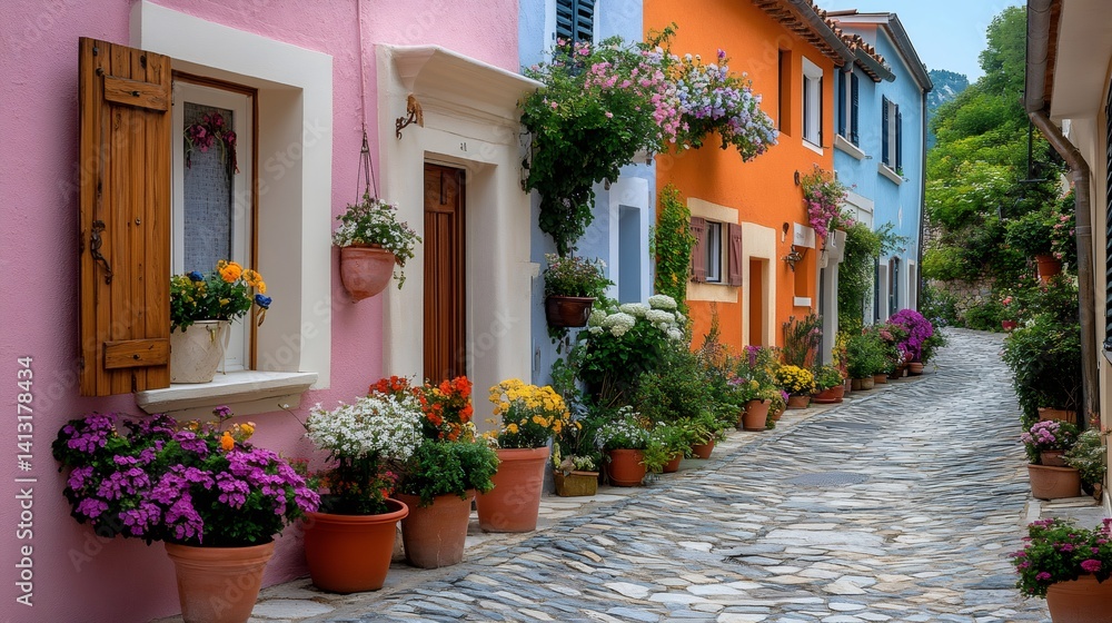 Vibrant mediterranean alley with colorful houses