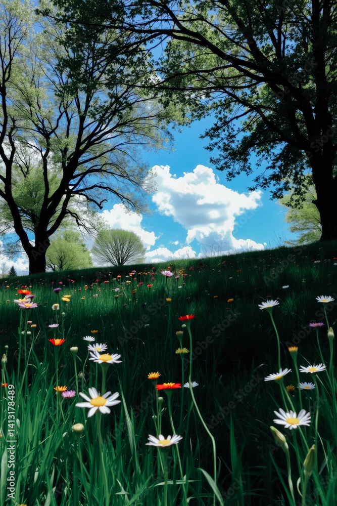 Colorful Wildflowers Under Sunny Sky