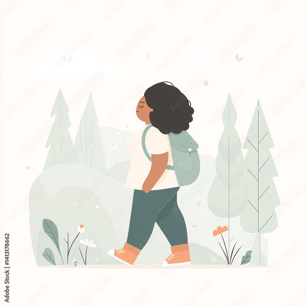 flat vector illustration of person hiking with backpack through natural landscape with plants and mountains in pastel tones peaceful outdoor walking trail scenery sideview exploration travel nature flat vector illustration of person hiking with backpack through natural landscape with plants and mountains in pastel tones peaceful outdoor walking trail scenery sideview exploration travel nature