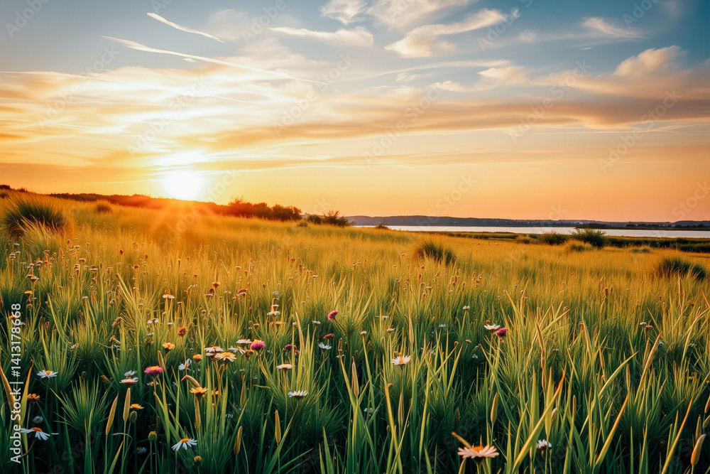 Golden Sunset Meadow with Wildflowers
