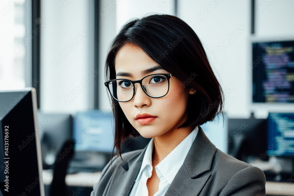 Confident Businesswoman Focused on Computer Work
