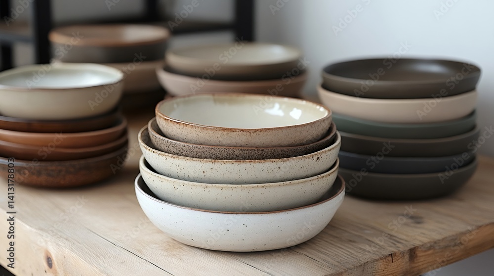 Stacks of handmade ceramic bowls sitting on wooden shelf