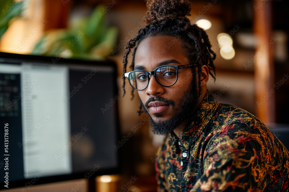 The image shows a person with dreadlocks and glasses sitting at a desk with a computer screen in the background