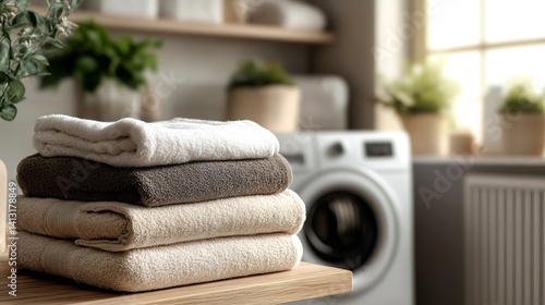Stack of fresh towels resting on wooden surface in laundry room