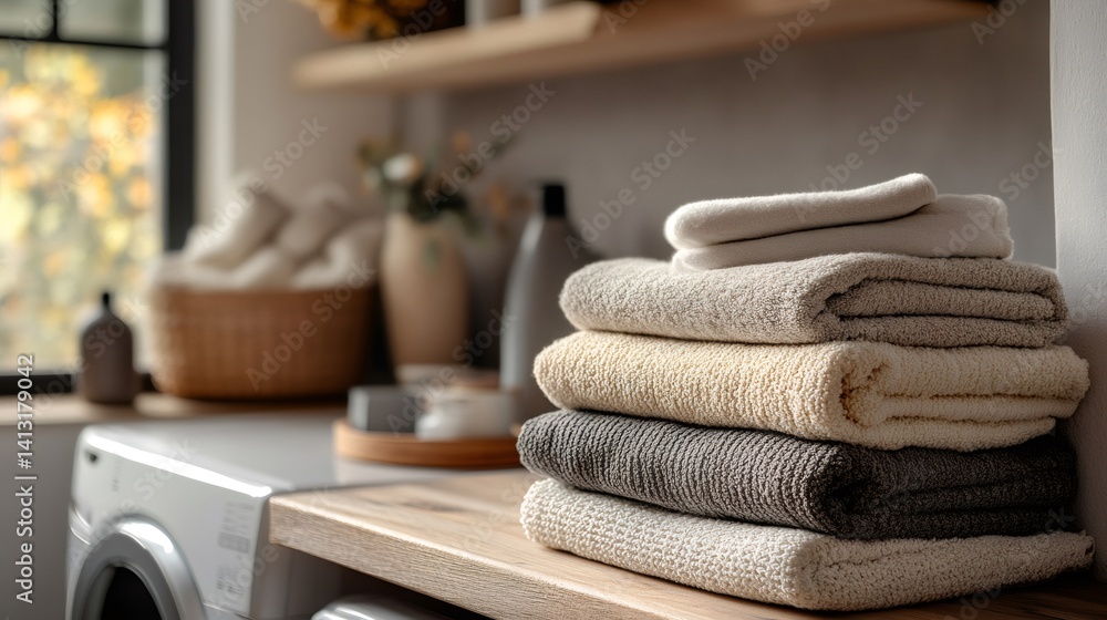 Stack of clean towels sitting on top of washing machine in laundry room