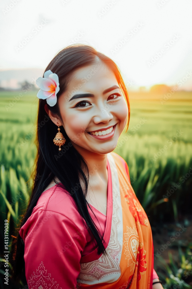 Smiling Woman in Traditional Outfit in Rice Field