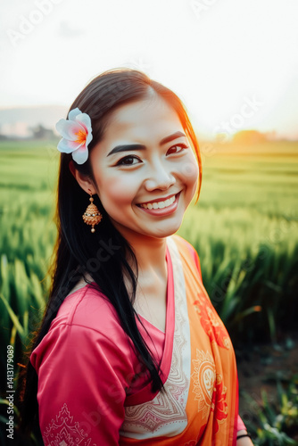 Obraz na płótnie Smiling Woman in Traditional Outfit in Rice Field w salonie