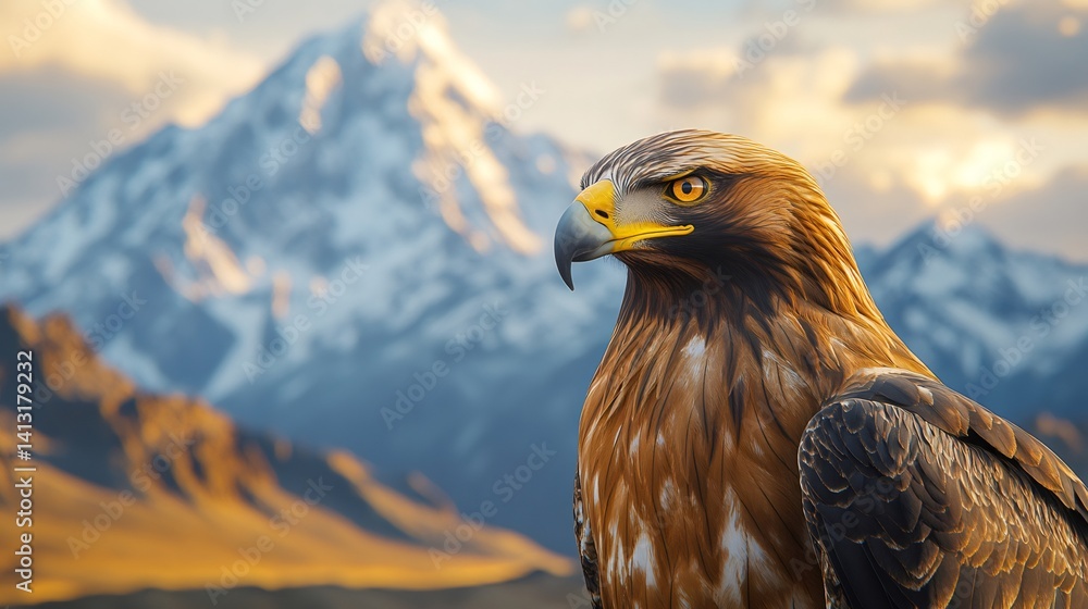 Golden eagle posing with majestic snowy mountain in background