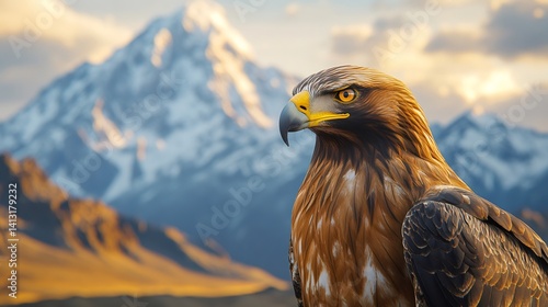 Obraz na płótnie Golden eagle posing with majestic snowy mountain in background w salonie