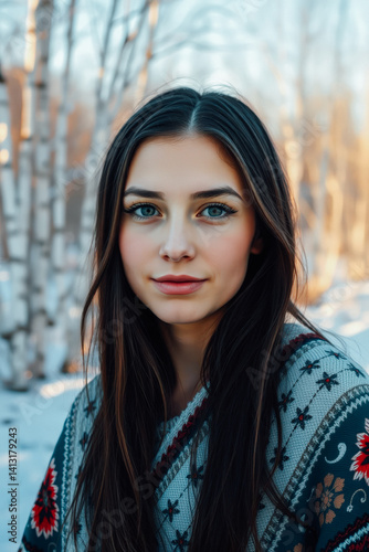 Obraz na płótnie Winter Portrait of a Young Woman in a Festive Sweater w salonie
