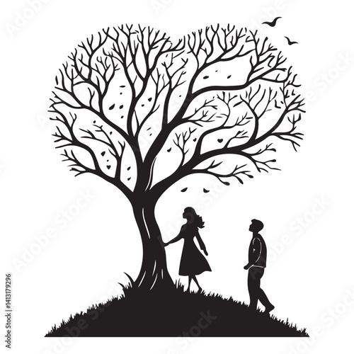 Romantic couple standing under heart-shaped tree silhouette, love relationship nature vector scene