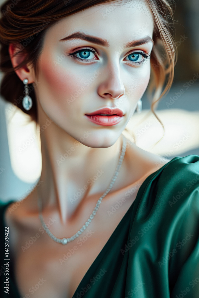 Elegant Woman in Deep Green Satin Gown