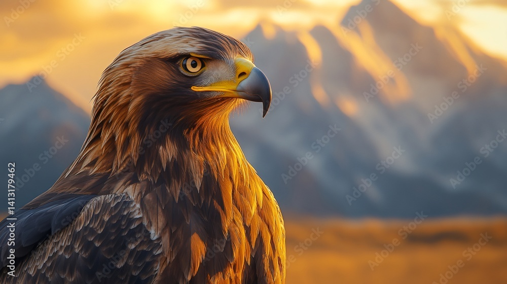 Golden eagle staring into sunset light with mountain background