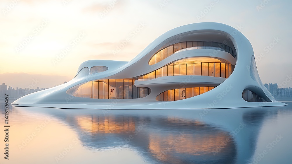 Fototapeta premium Futuristic Architecture Modern Building Reflection Serene Water Photo At Sunset