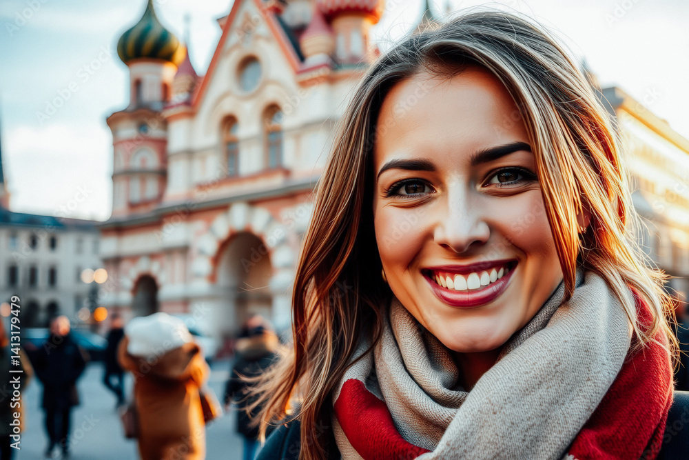 Smiling Woman in Front of Red City Church