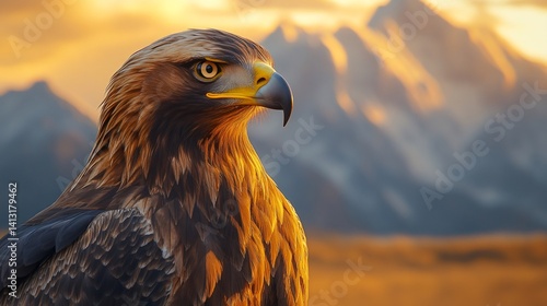 Obraz na płótnie Golden eagle staring into sunset light with mountain background w salonie