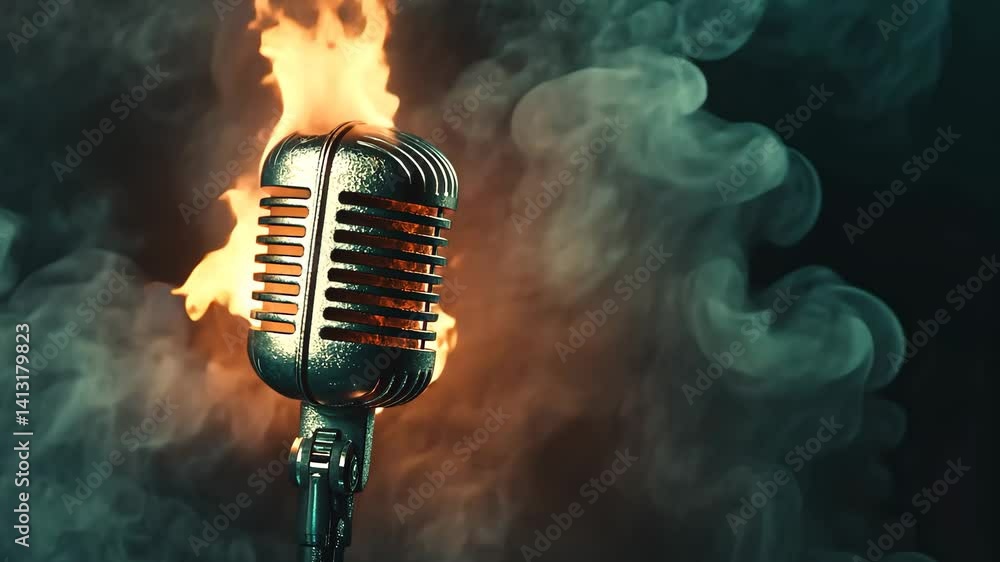 Retro vintage mic on a concert stage bursts into fiery flames against a dark background, embodying rock music entertainment