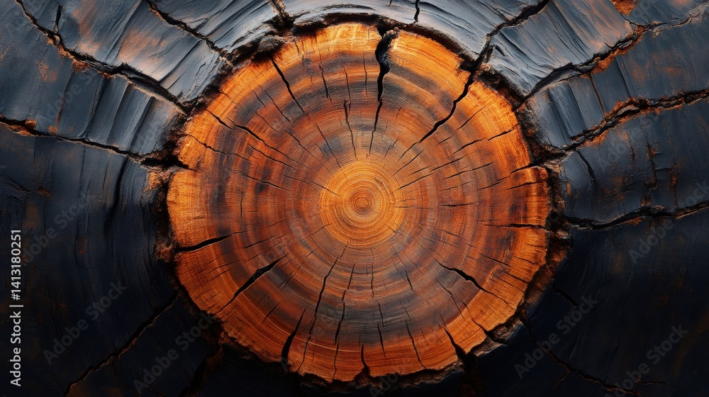 Close up of tree trunk showing growth rings and cracks
