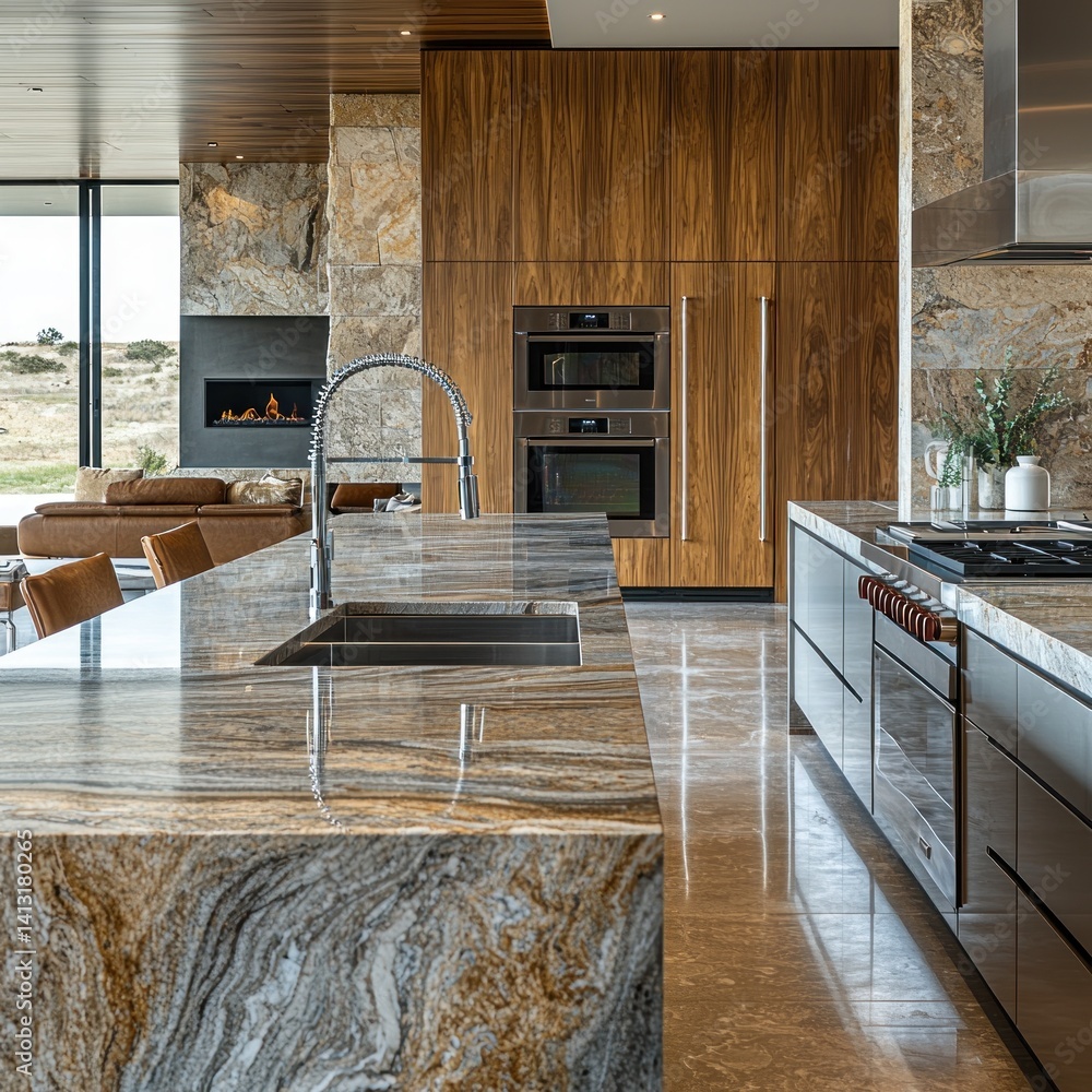 Elegant contemporary kitchen interior with natural stone and wooden elements