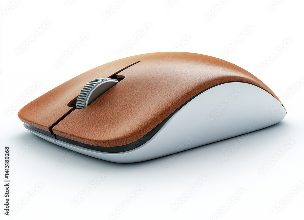 Modern Wireless Computer Mouse with Brown Leather Finish on a White Background Perfect for Office Productivity Setup Modern Wireless Computer Mouse with Brown Leather Finish on a White Background Perfect for Office Productivity Setup