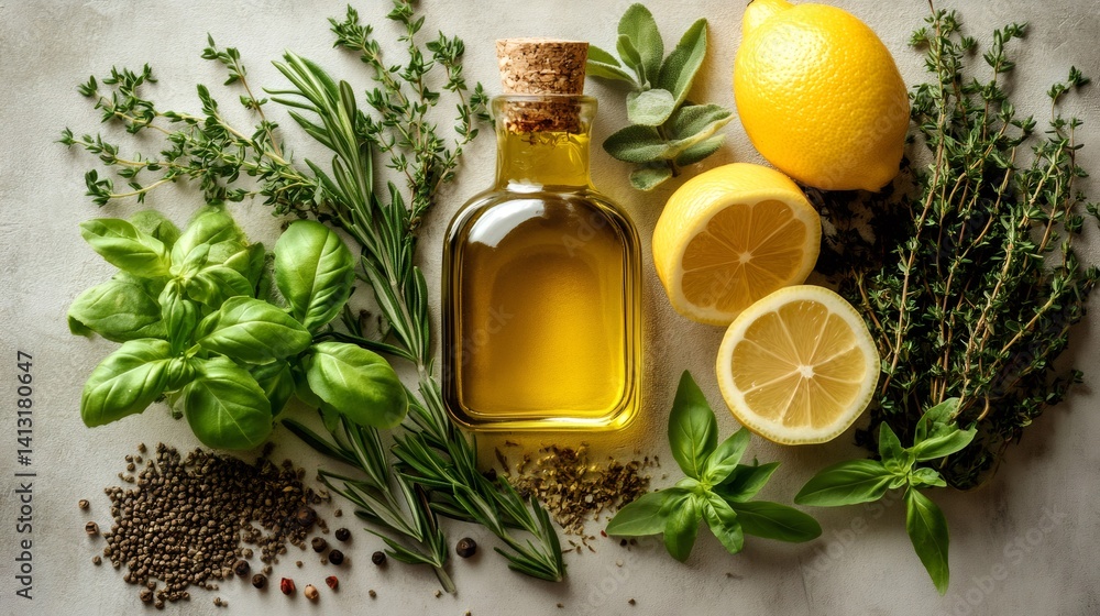 Fresh herbs, spices, lemon and olive oil creating mediterranean flavors