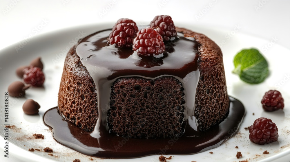 Delicious chocolate lava cake dripping with melted chocolate and fresh raspberries