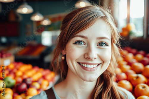 Smiling Woman in a Fruit Market