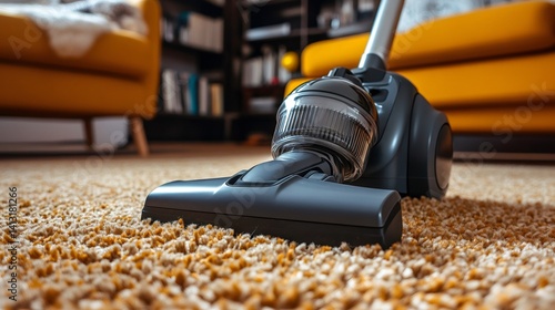 Vacuum cleaner removing dust and dirt from carpet in living room