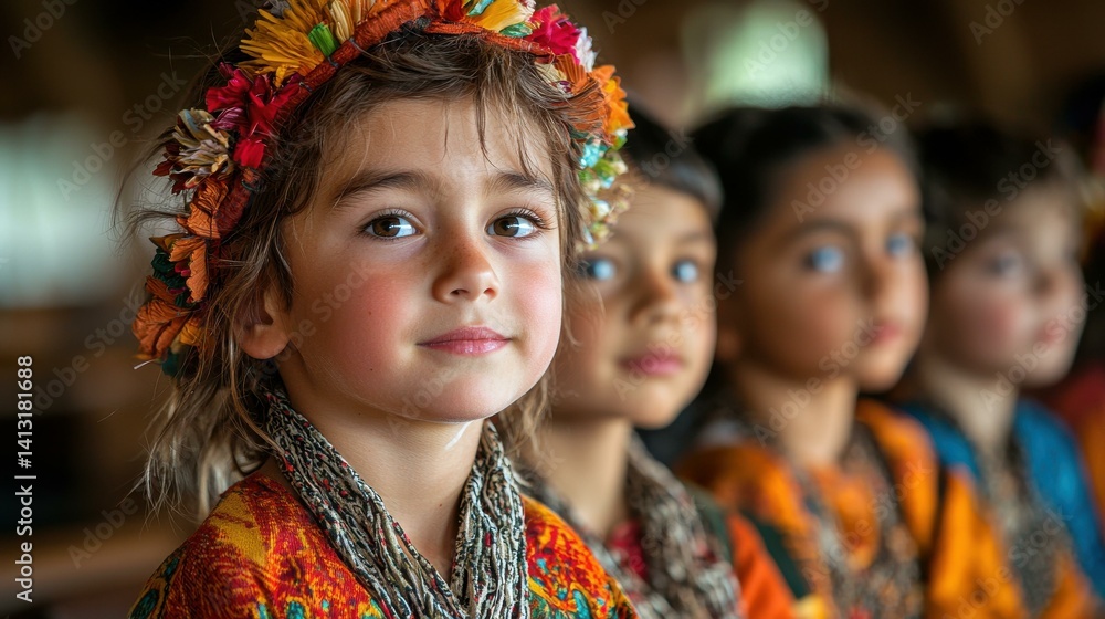 Group of Young Children in Traditional Attire, Colorful Headdresses, Cultural Celebration, Festive, Diverse Ethnicity Group of Young Children in Traditional Attire, Colorful Headdresses, Cultural Celebration, Festive, Diverse Ethnicity