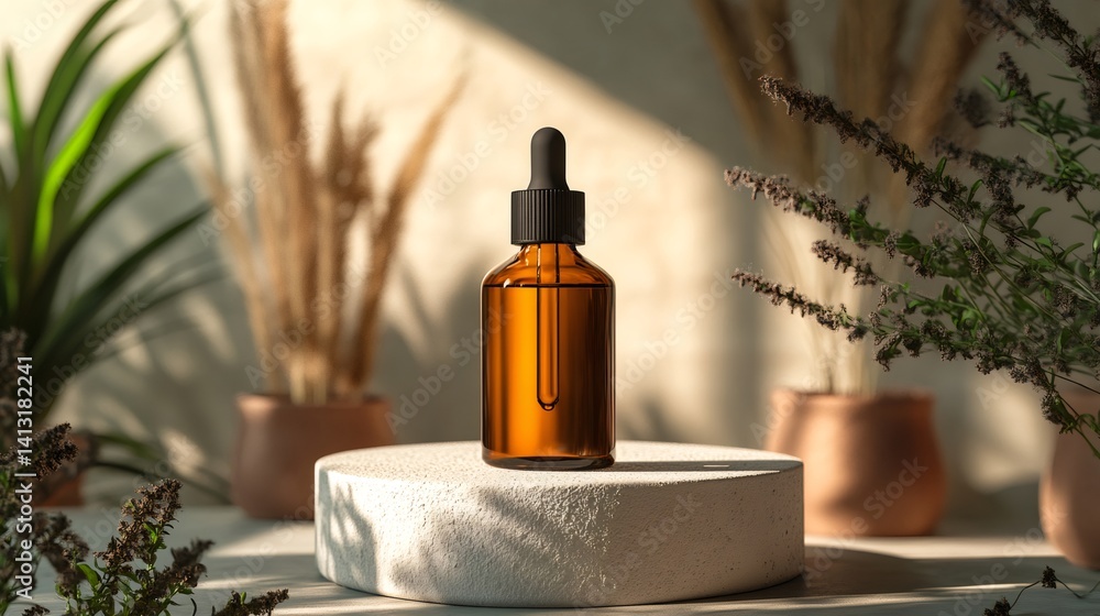 Amber dropper bottle standing on podium with plants in background