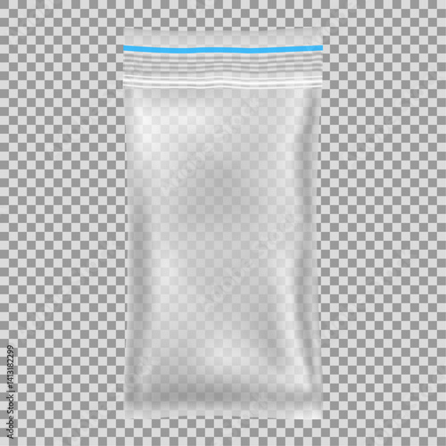 Clear glossy plastic bag with zip lock on transparent background. Empty resealable blank Polyethylene package mockup. Realistic vector mock-up. Can be use for template your design, promo, adv.	