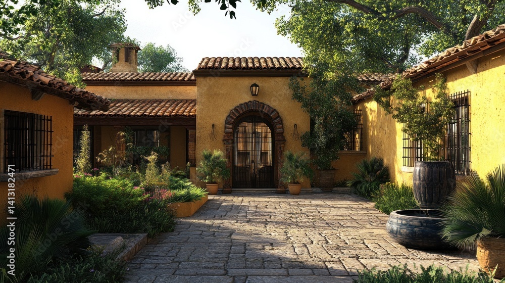 Fototapeta premium Mediterranean villa exterior featuring terracotta roof tiles, stucco walls, and a sun-dappled courtyard. 