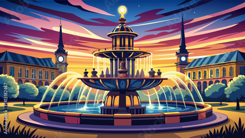 Germany, Baden-Wurttemberg, Stuttgart, Long exposure ofSchlossplatzspringbrunnen fountain at dusk