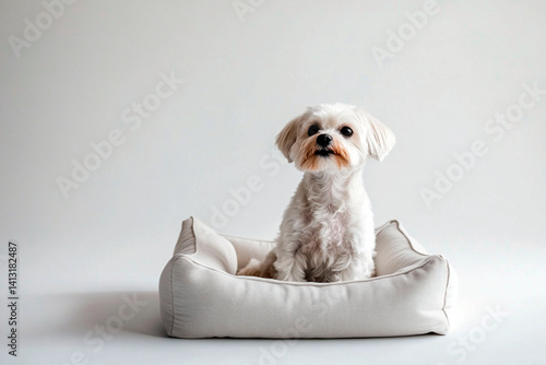 Small white dog sitting in a soft beige pet bed against a minimal light background in studio setting