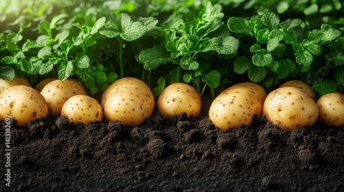 Fresh potatoes growing in dark soil with green plants