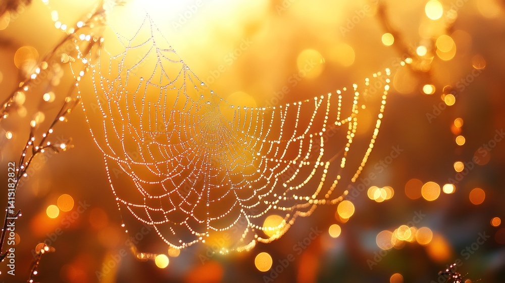 Dewy spiderweb glistening in golden sunlight at sunrise