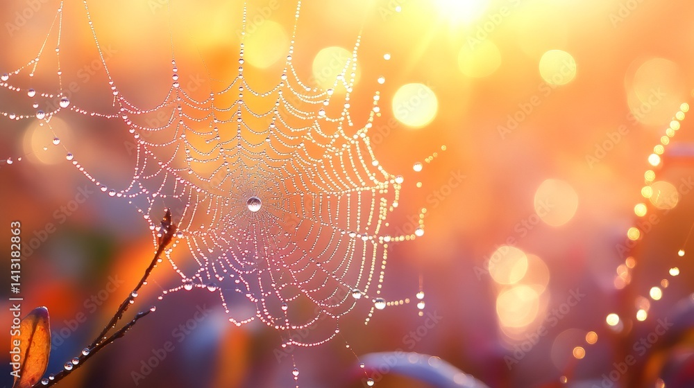 Dewy spiderweb reflecting golden sunrise light in misty autumn field