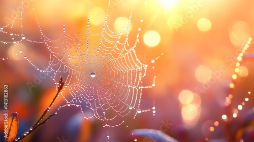 Obraz na płótnie Dewy spiderweb reflecting golden sunrise light in misty autumn field w salonie