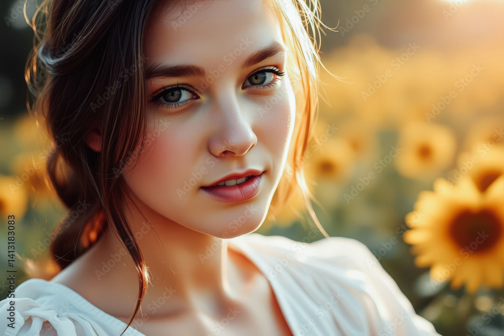 Beautiful Woman in a Sunflower Field
