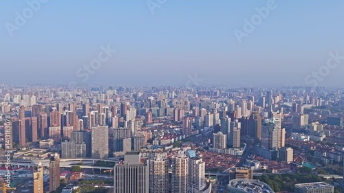 Wallpaper Mural 4K real time Aerial view of Shanghai skyscrapers and residential buildings in downtown at sunrise. Torontodigital.ca