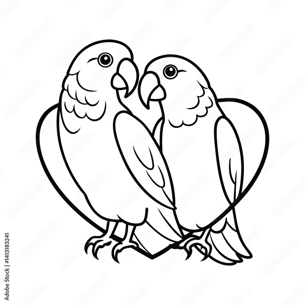 Black and White Illustration of a tow love Parrot with Cartoon Features Black and White Illustration of a tow love Parrot with Cartoon Features