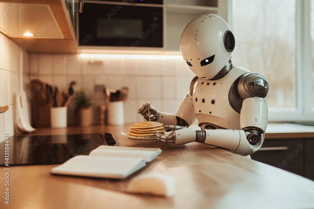 Fototapeta premium Robot Making Pancakes in a Kitchen.