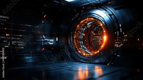 Fototapeta Naklejka Na Ścianę i Meble -  Futuristic space station with glowing energy fields in deep space.