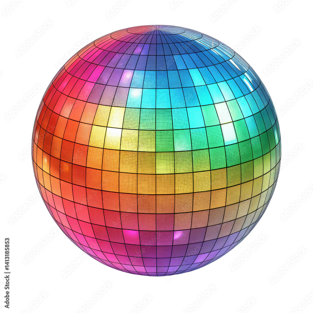 Obraz premium Rainbow Disco Ball 3D Render, Grid Pattern, Isolated on White Background, Disco ball, 3D rendering, sphere