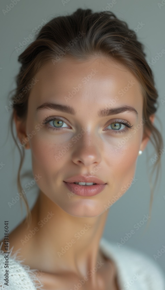 This exquisite portrait captures a young woman with radiant skin and mesmerizing green eyes, exuding natural beauty and elegance. Her soft, tousled hair frames her face, while a subtle smile adds This exquisite portrait captures a young woman with radiant skin and mesmerizing green eyes, exuding natural beauty and elegance. Her soft, tousled hair frames her face, while a subtle smile adds