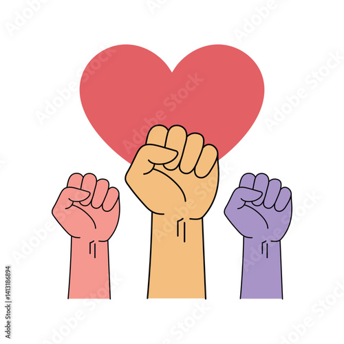 Raised fists symbolizing unity, strength, and empowerment. Concept of cooperation, solidarity, support, and social movement. Vector illustration isolated on white.